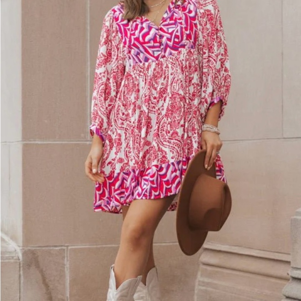 Fuchsia Print V Neck Mini Dress